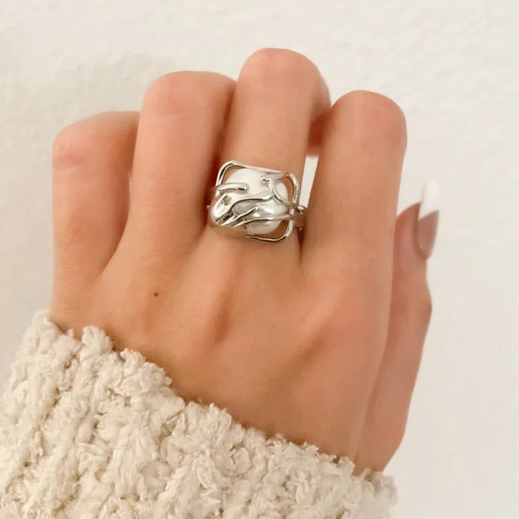 925 Sterling Silver Chunky Ring Square Boho Silver Statement Ring Geometric Ring - Picture 2 of 4